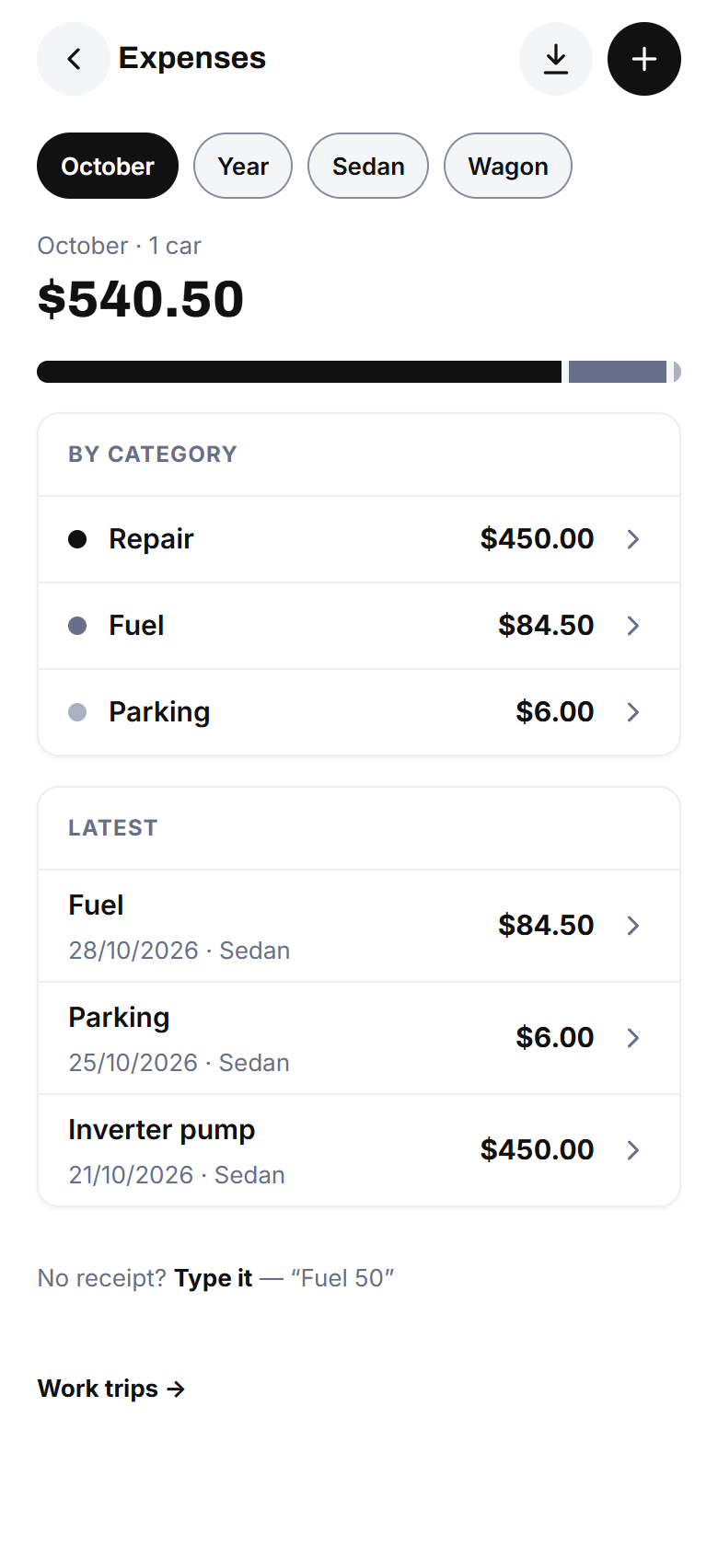 The Expenses screen: this month's total, costs by category and the latest fuel, parking and repair entries.
