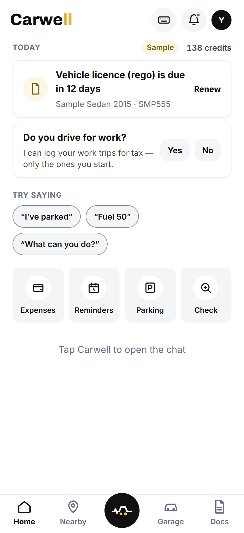 The Carwell home screen with a sample car: today's reminders and things to try saying.