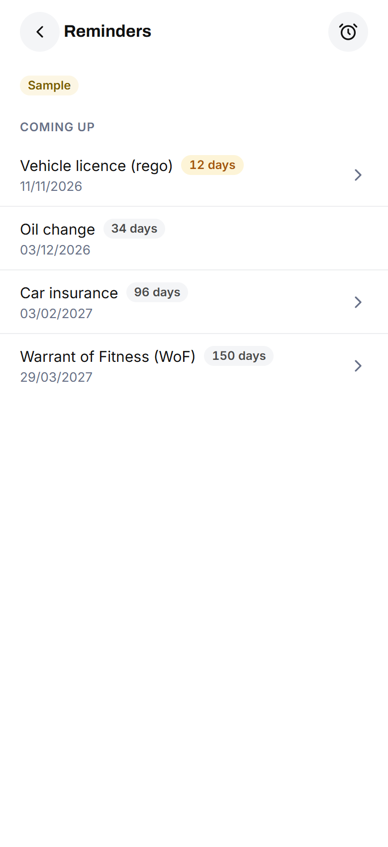 The Reminders screen: vehicle licence, oil change, car insurance and Warrant of Fitness, each with the days left.